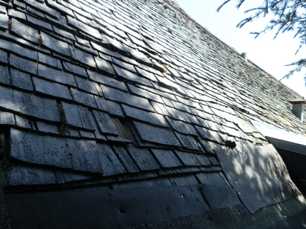 Weathered shingle roof slope needing repair
